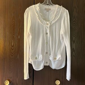 Laura Ashley vintage white knit front, linen blend back jacket. Size Large